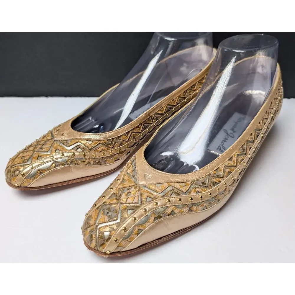 Vtg Margaret Jerrold Pointed Toe Pumps WOMENS 9.5N Gold Silver Art Deco Spain